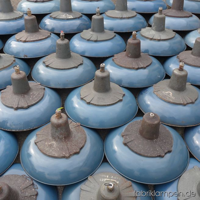 Nice blue enamel lamps with casted iron domes after arriving – currently we have about 40 pieces of this type in blue on stock.