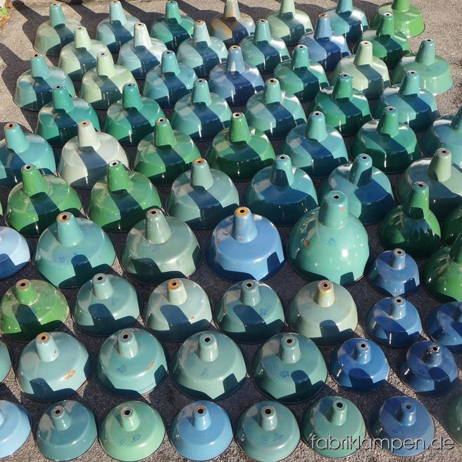 Nice collection of old green and blue enamel factory lamps after arriving.