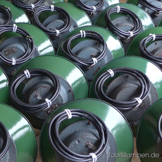 Nice group of casted iron factory lamps with glass & grid and green enamel shades.